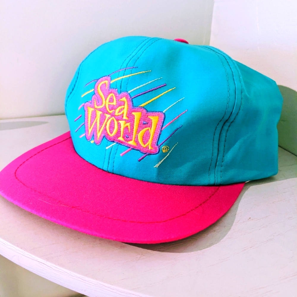 Never Worn Vintage 1990's Sea World Baseball Hat Neon Snapback